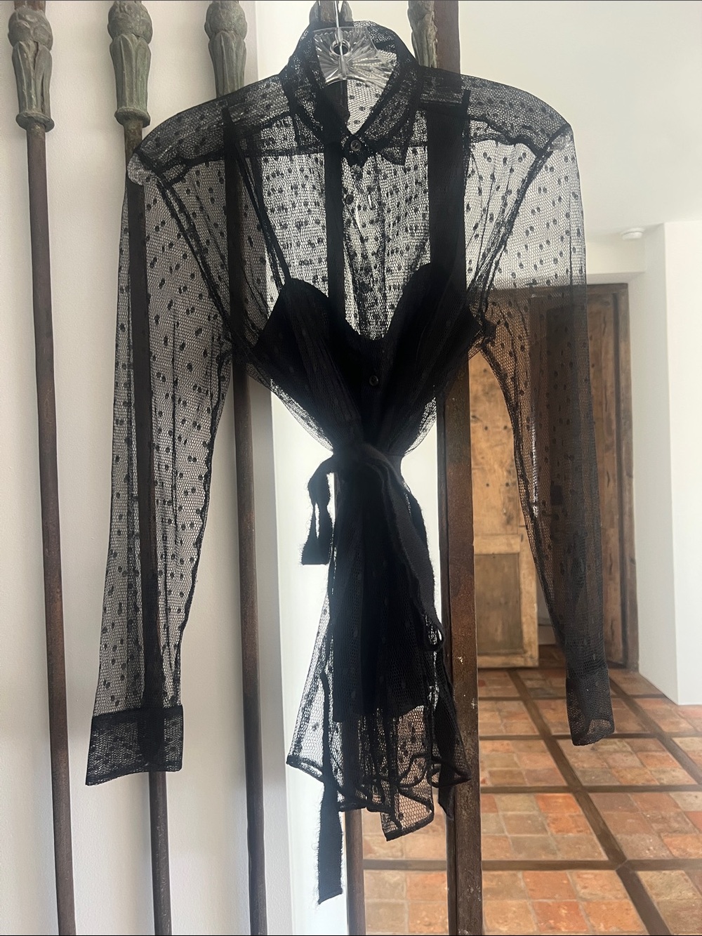 RED Valentino Sheer Black Dotted Mesh Tie-Waist Robe Top